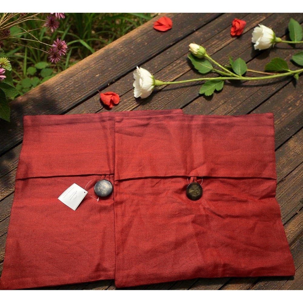 NWT Pottery Barn Set of 2 Red Pillow Covers 18" x 18" Linen big button
